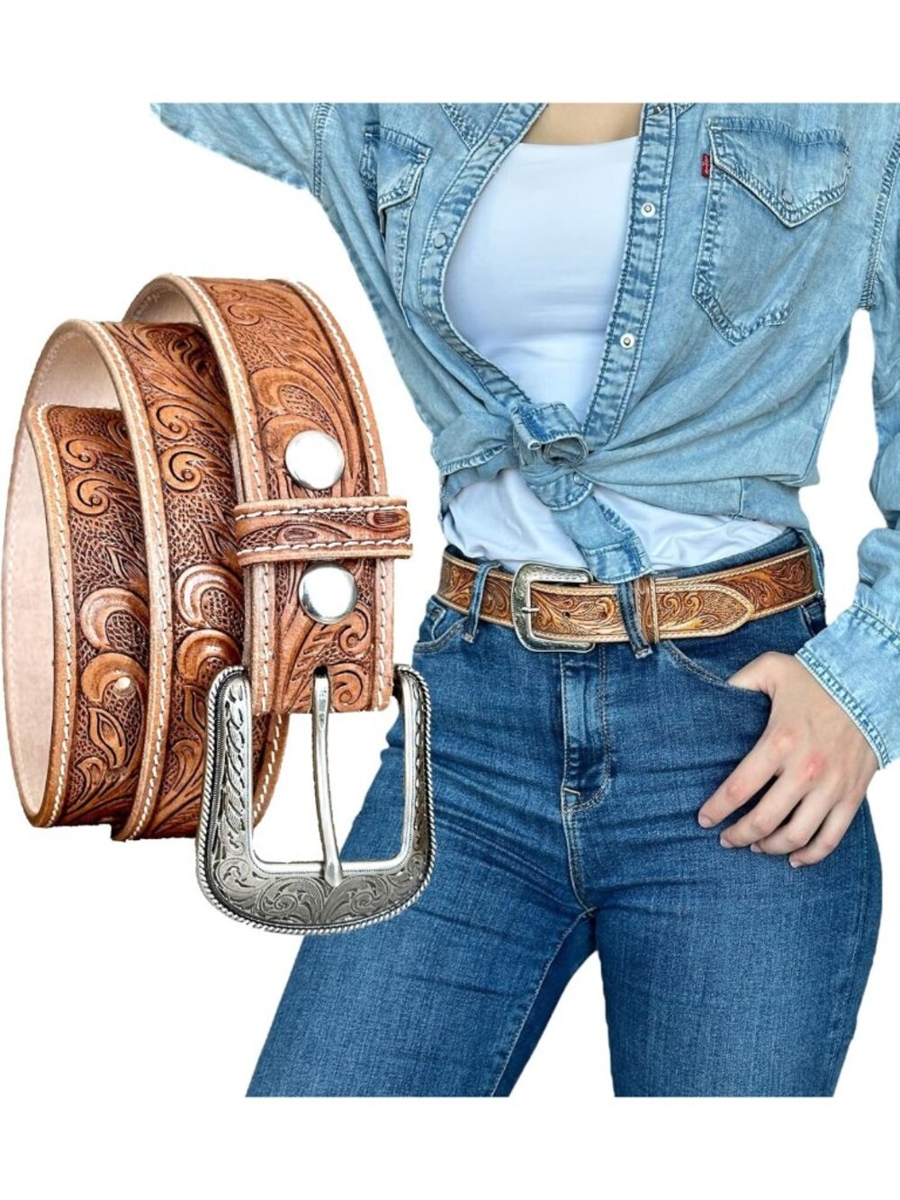 Stylish Western Leather Cowgirl Belt for Jeans & Dresses - Engraved Tooled